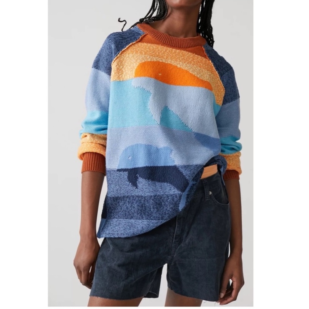Colorblock Whale Crewneck Sweater - Blue & Orange